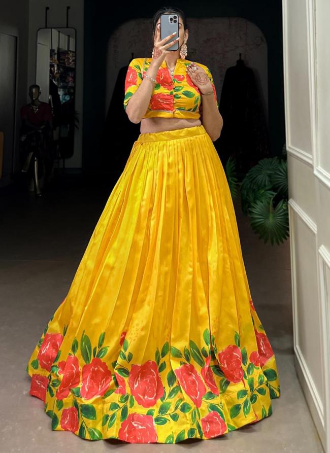 Tussar Silk Yellow Casual Wear Printed Ready To Wear Lehenga Choli